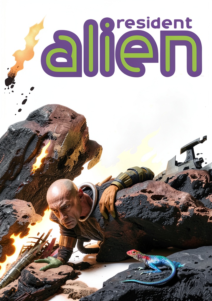 Installing Resident Alien Graphic Novel by Dark Horse Books on a wooden desk
